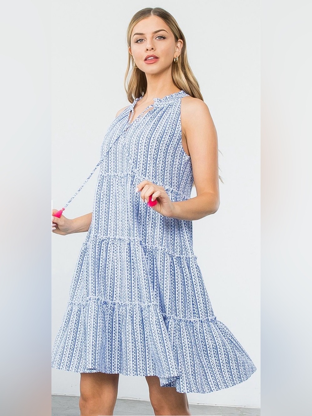 THML Halter Tassel Tie Pattern Dress in Blue and White, Size XS